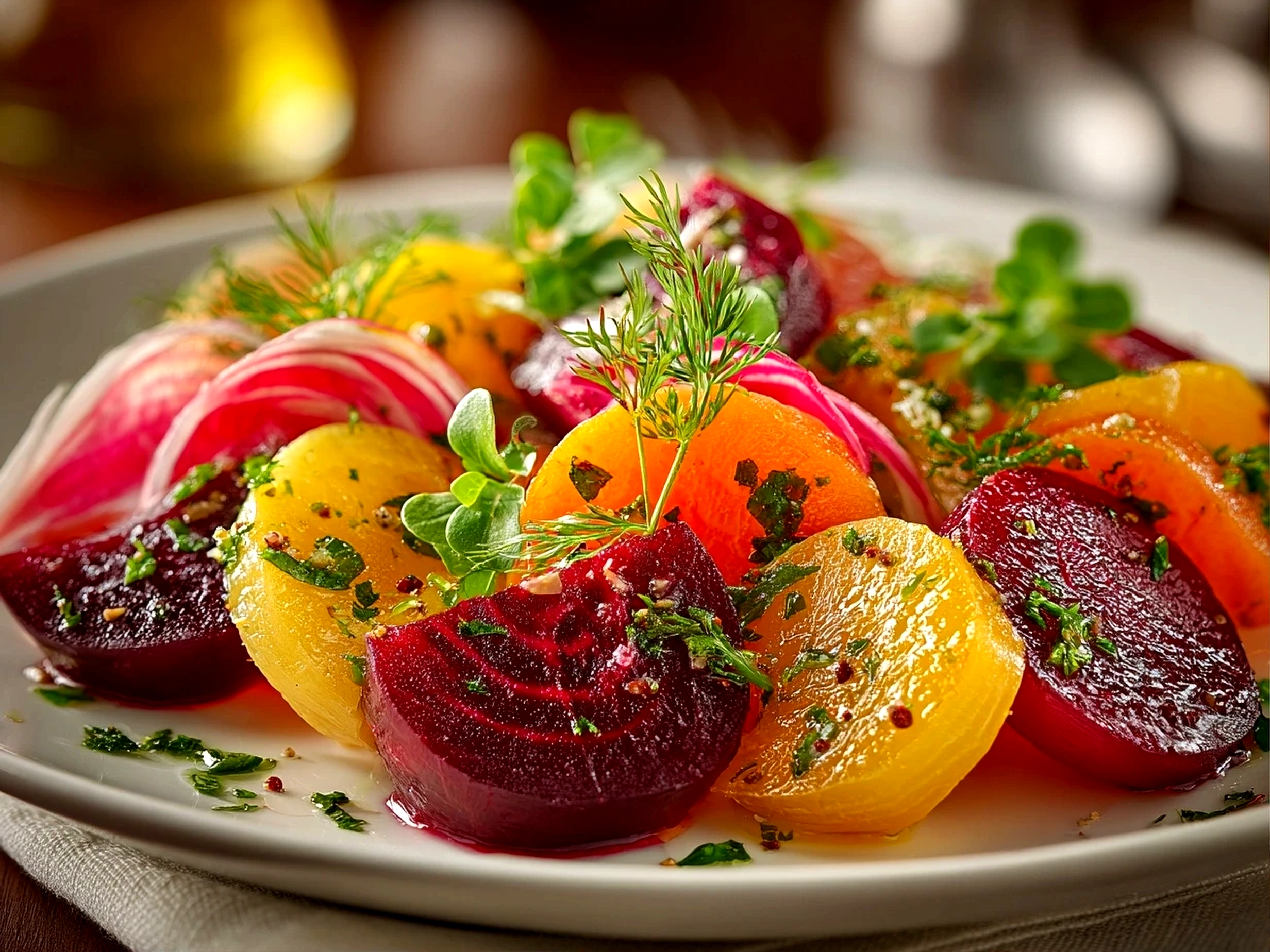 Home cook, iPhone 14. Close-up slight angle of freshly prepared beet salad on white plate. Fresh vibrant --ar 4:3 --style raw --s 230