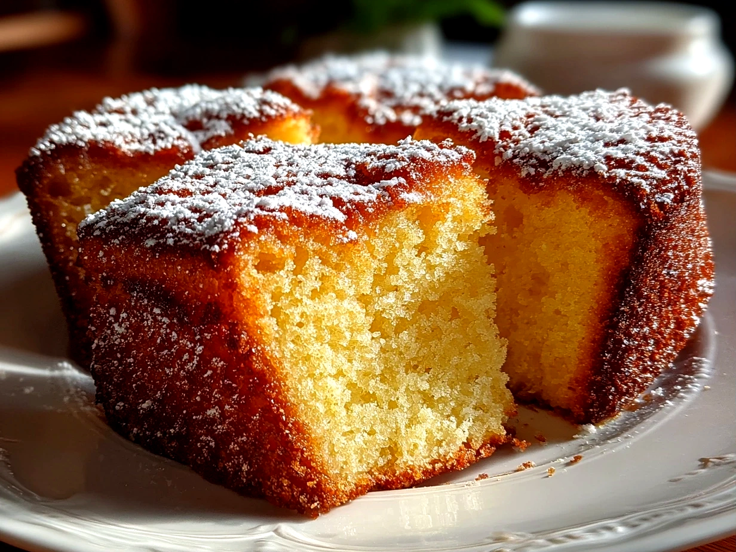 home cook, iPhone 14. Close-up slight angle of freshly prepared French Butter Cake on white plate. rich inviting --ar 4:3 --style raw --s 245