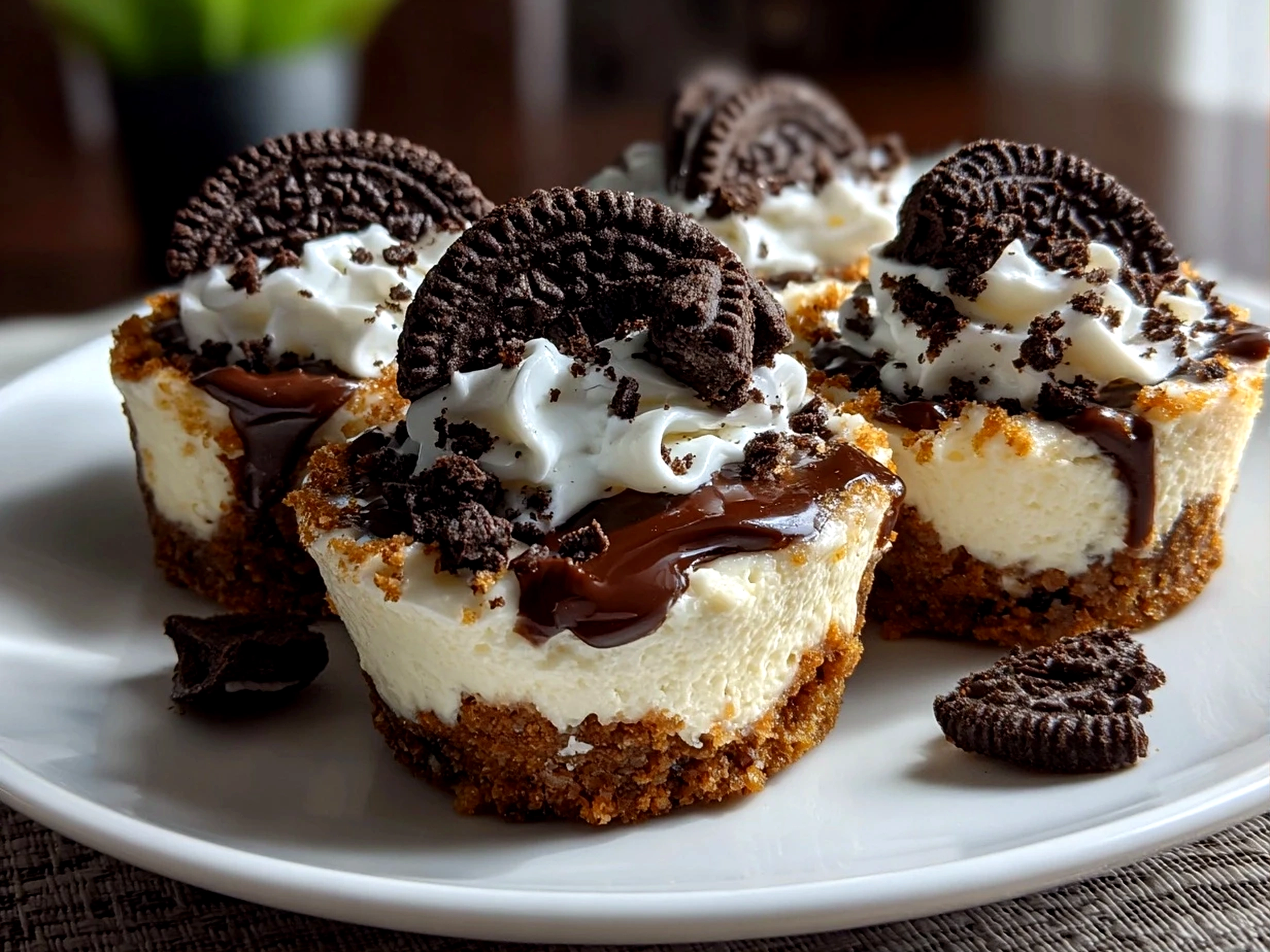 Home cook, iPhone 14. Close-up slight angle of homemade No-Bake Oreo Cheesecake Bites on white plate. Mouthwatering --ar 4:3 --style raw --s 240