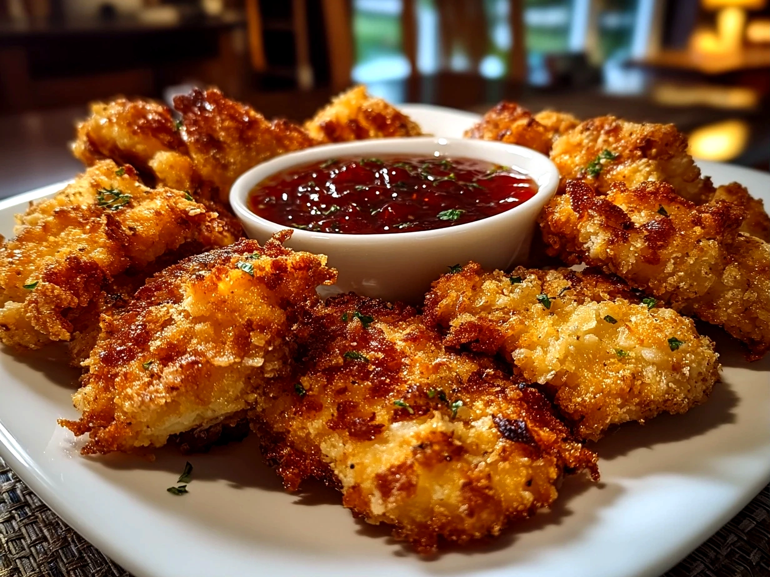 Close-up of finished crispy chicken tenders with rich inviting finish on a serving tray