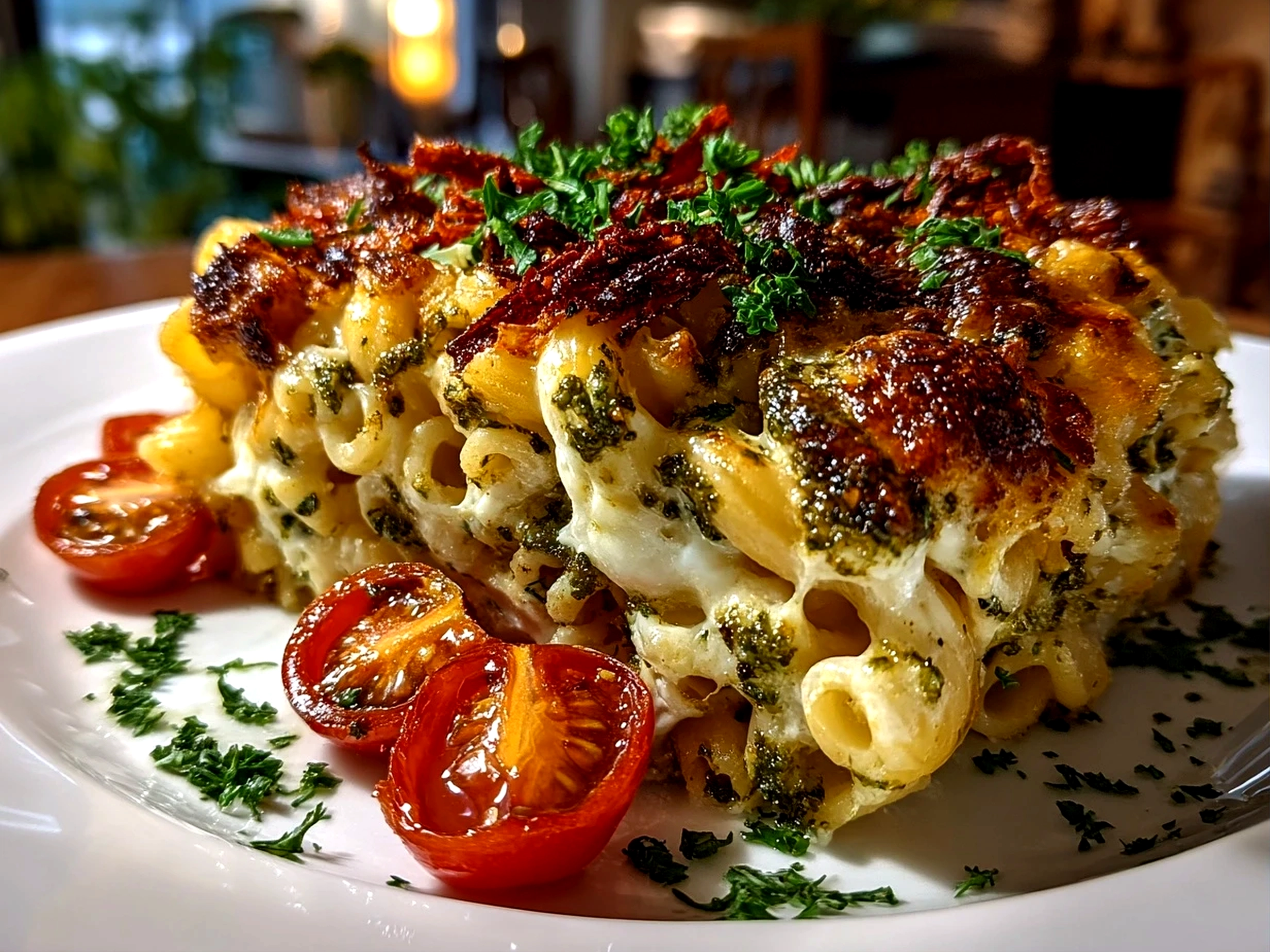 home cook, taken with iPhone 14. Close-up slight angle of freshly prepared TikTok Baked Feta Pasta with Pesto on white plate. mouthwatering --ar 4:3 --style raw --s 230