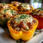 Home cook, taken with iPhone 14. Close-up slight angle of homemade Ground Turkey Stuffed Peppers on white plate. Mouthwatering --ar 4:3 --style raw --s 230