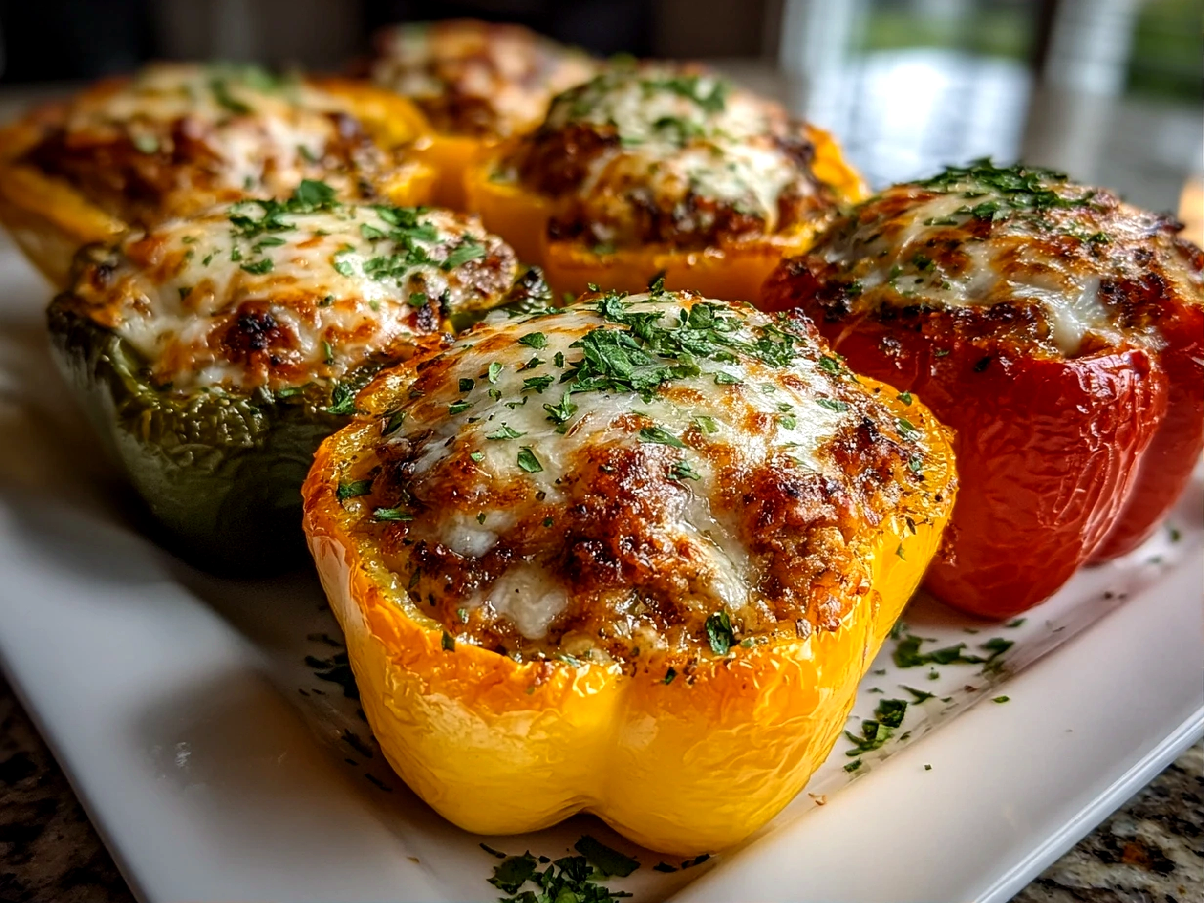 Home cook, taken with iPhone 14. Close-up slight angle of homemade Ground Turkey Stuffed Peppers on white plate. Mouthwatering --ar 4:3 --style raw --s 230