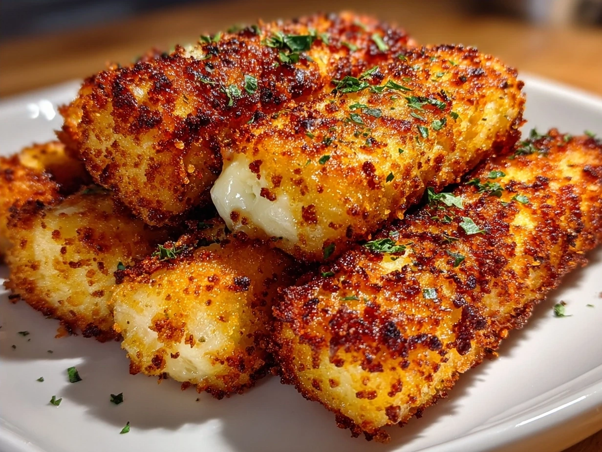 Fresh homemade mozzarella sticks, golden and crispy, served on a plate