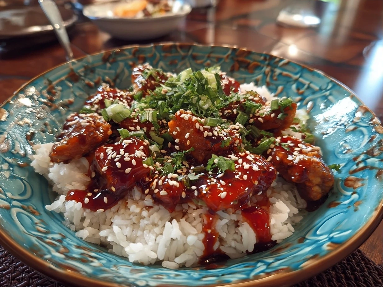 Served Honey Sriracha Chicken Rice Bowls with fresh vegetables and garnish