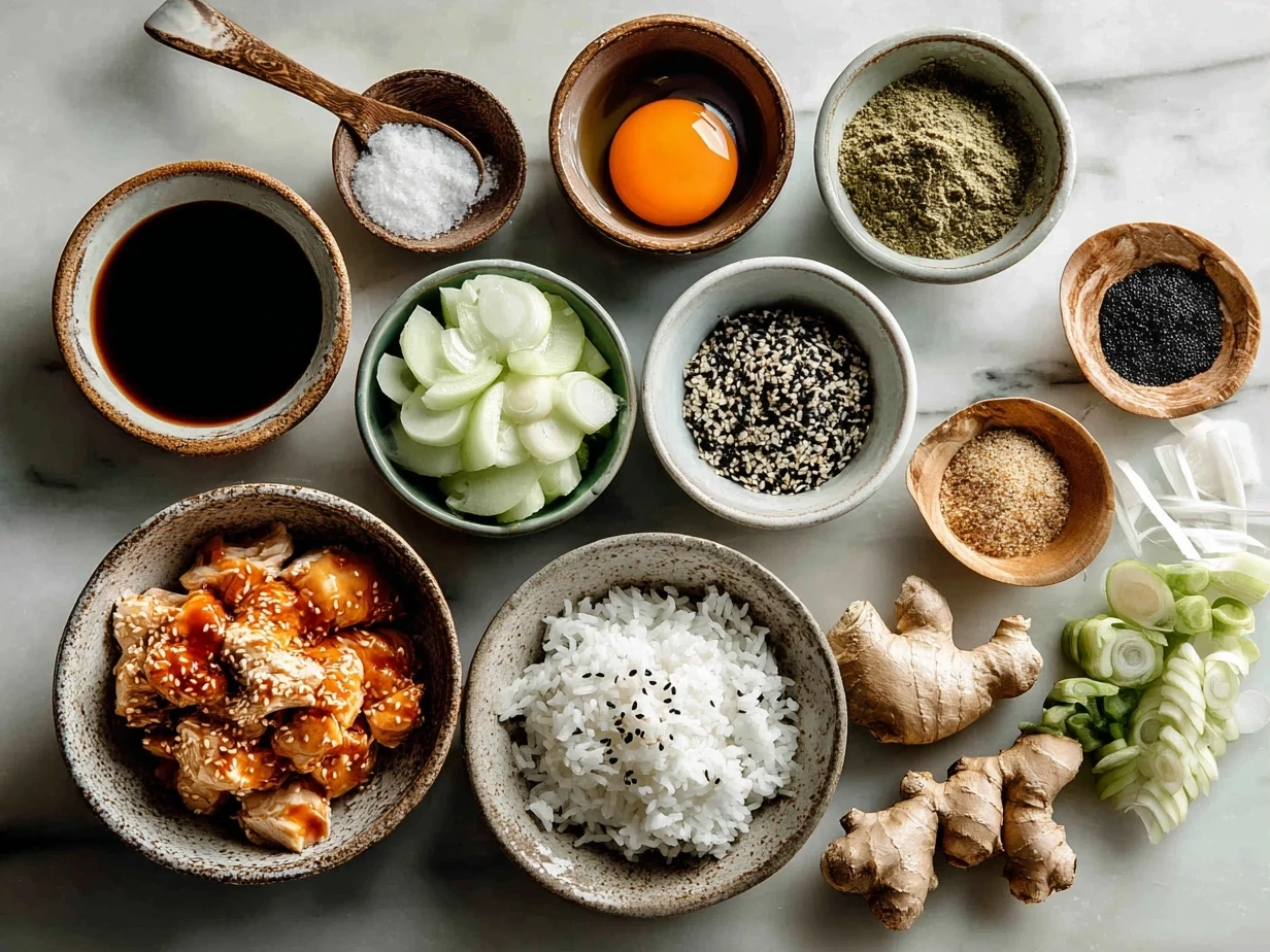 Ingredients for Honey Sriracha Chicken Rice Bowls including chicken, honey, sriracha, garlic, rice, and vegetables