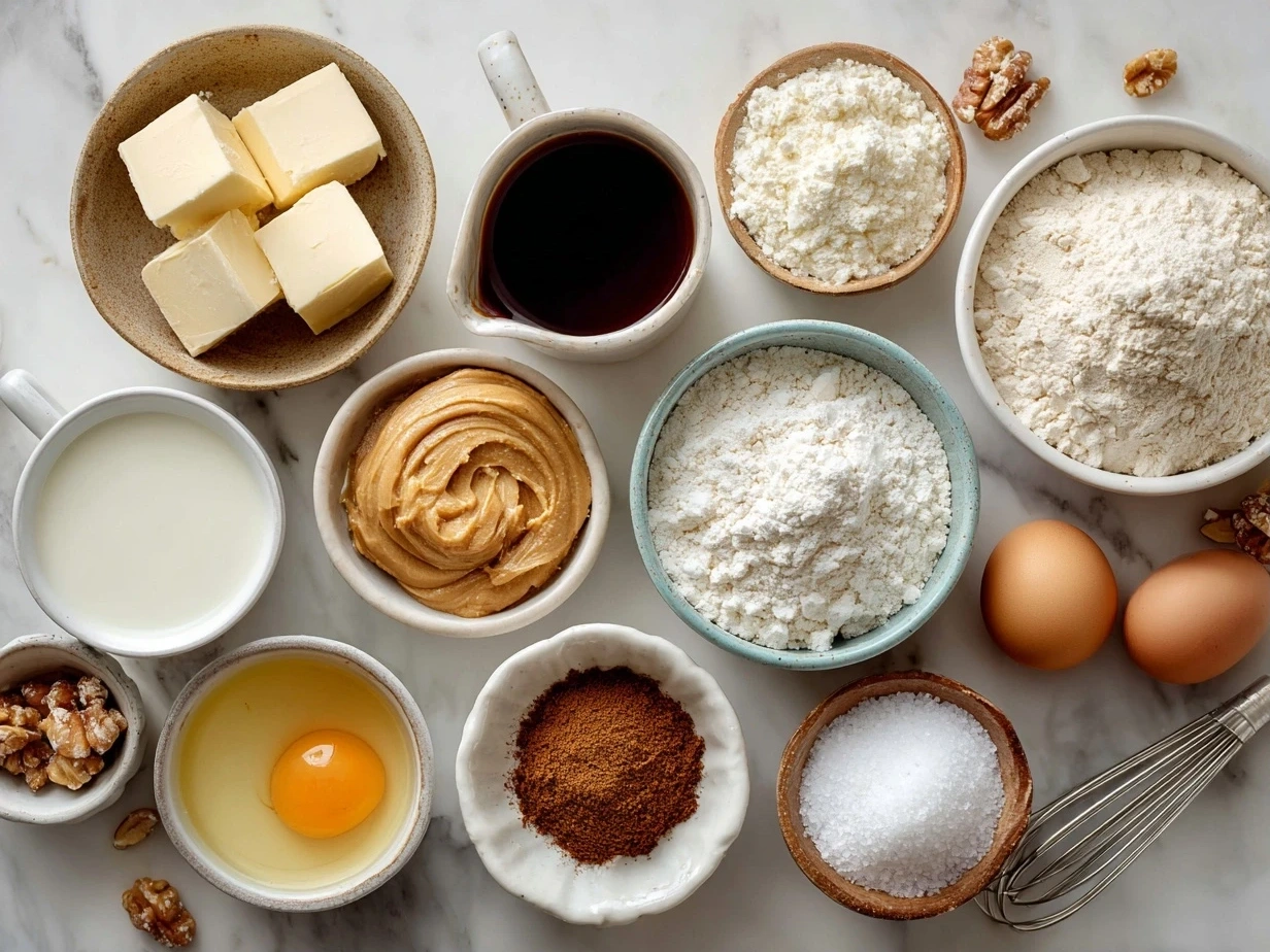 Ingredients laid out for Old Fashioned Peanut Butter Pie including peanut butter, cream cheese, powdered sugar and whipped cream