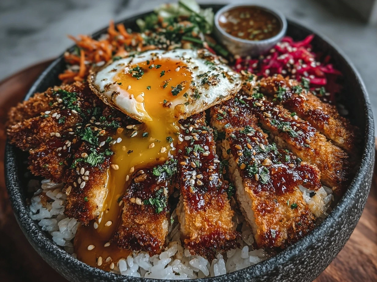 Finished Japanese Katsu Bowls served beautifully in a bowl, ready to eat
