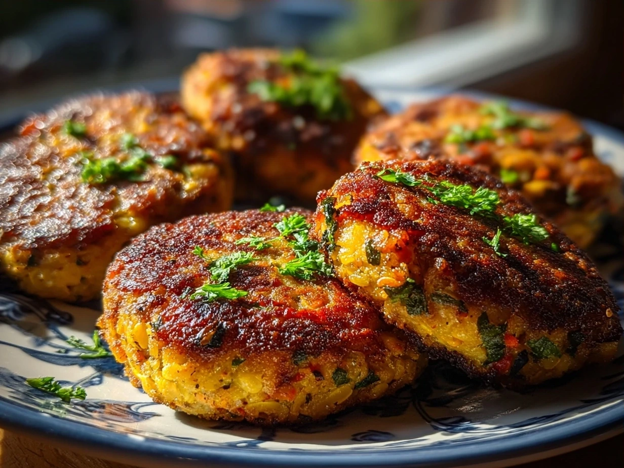 Plated lentil burgers topped with avocado and fresh vegetables served on whole grain buns