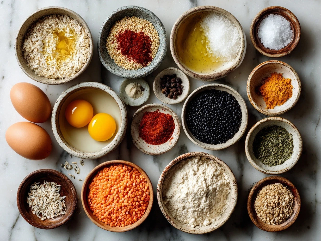 Ingredients for lentil burgers: cooked lentils, onion, garlic, oats, breadcrumbs, and spices