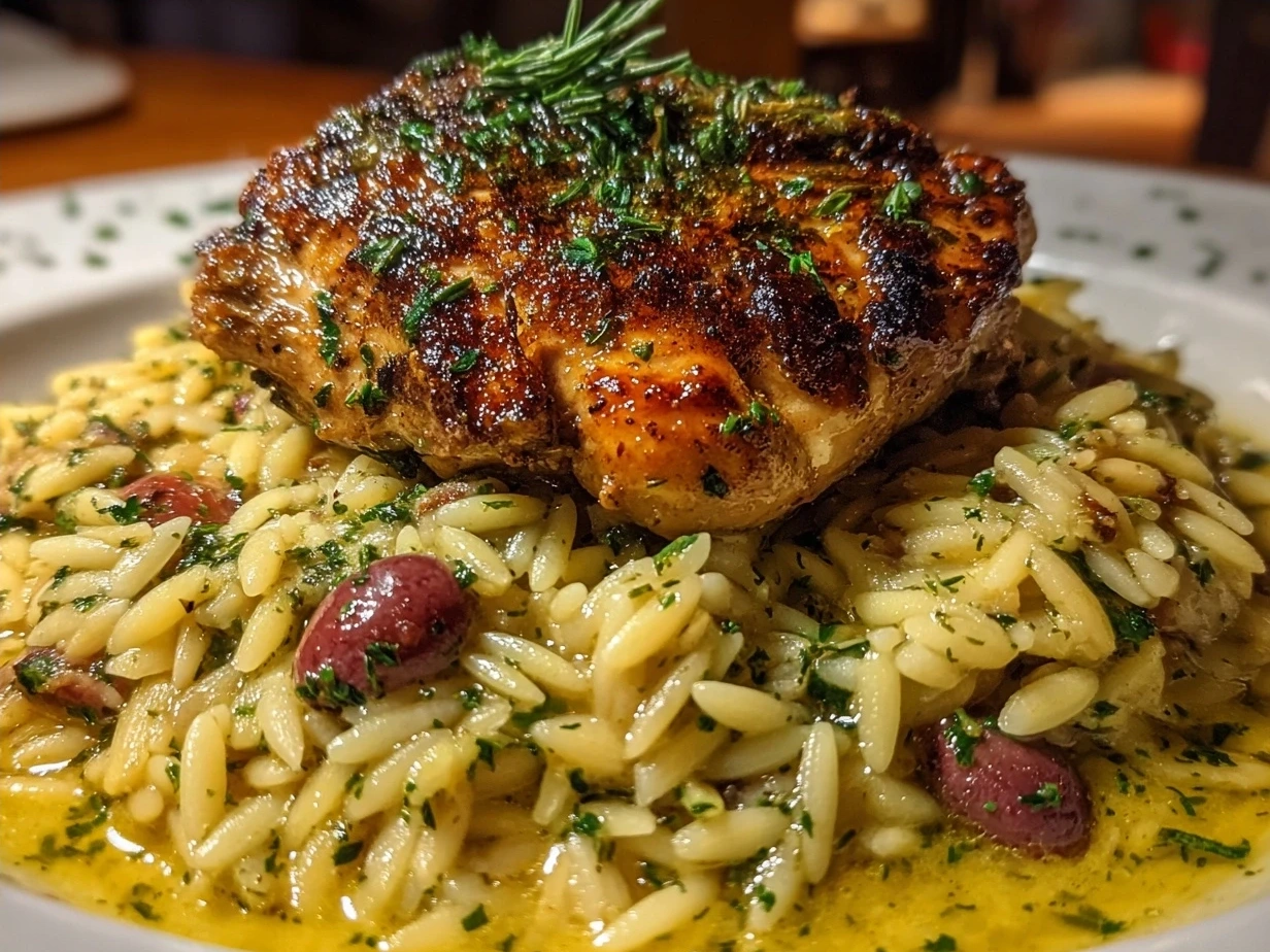 Served Mediterranean Chicken and Orzo in a bowl with fresh herbs and feta cheese