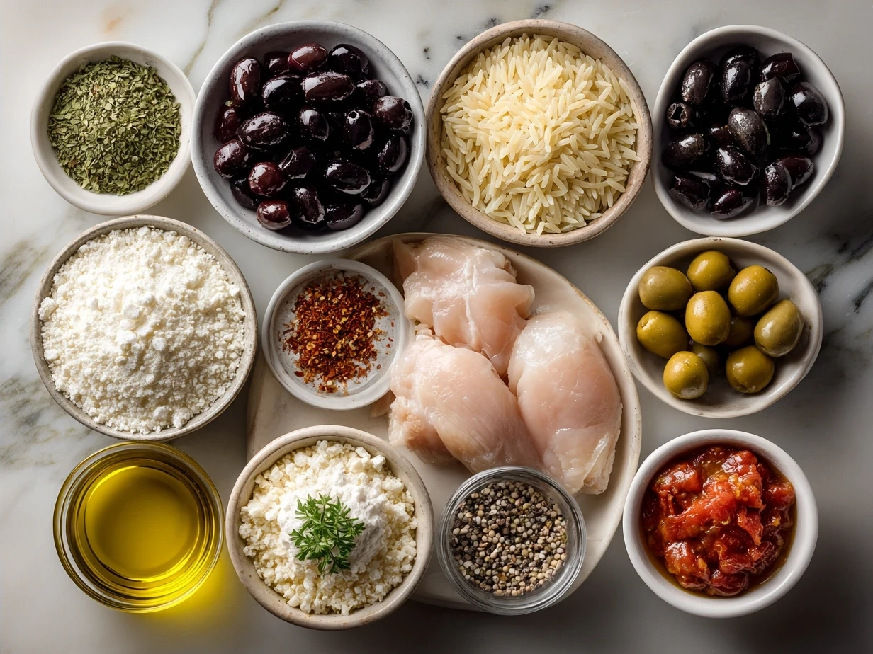 Ingredients for Mediterranean Chicken and Orzo laid out on a kitchen counter