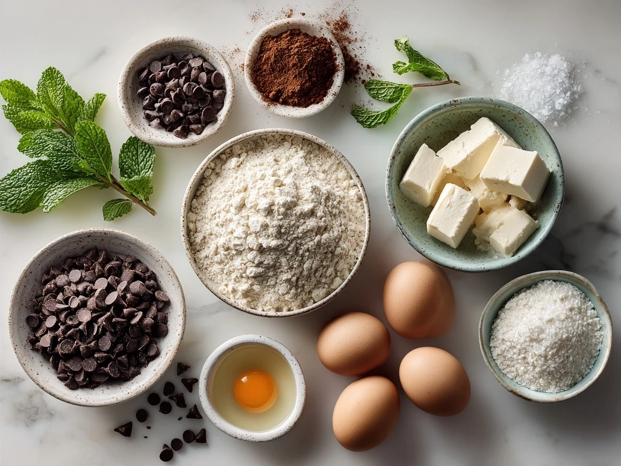 Ingredients for Mint Chocolate Chip Protein Balls including oats, almond butter, protein powder, and chocolate chips