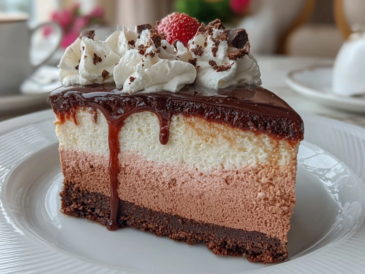 Finished Neapolitan Mousse Cake with layers of chocolate, strawberry, and vanilla mousse