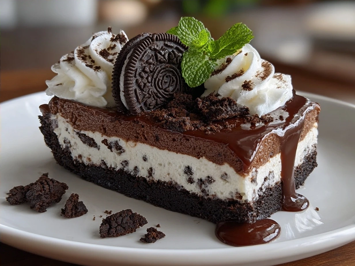 Slice of No Bake Oreo Cheesecake served on a plate