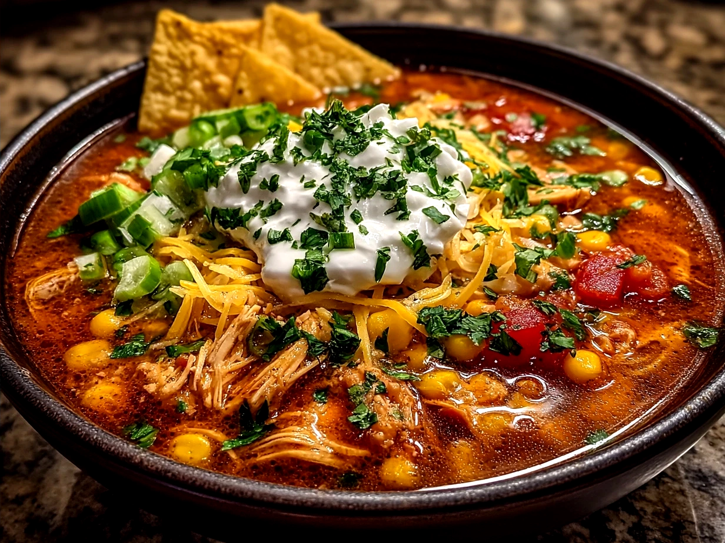 One-Pot Creamy Chicken Taco Soup served with toppings like cheese, sour cream, avocado, and tortilla chips