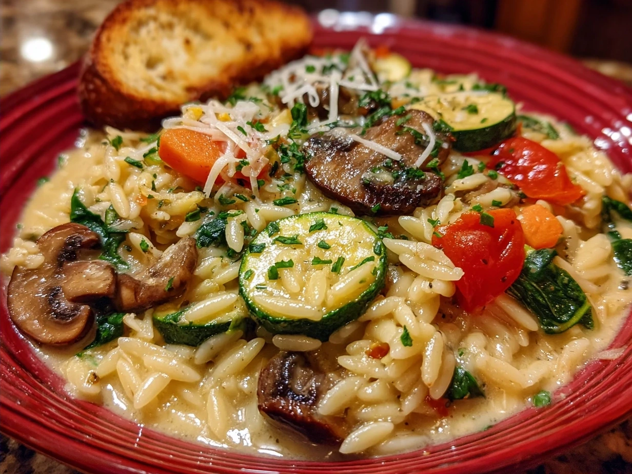 Creamy One-Pot Veggie Cream Orzo served in a bowl garnished with fresh herbs