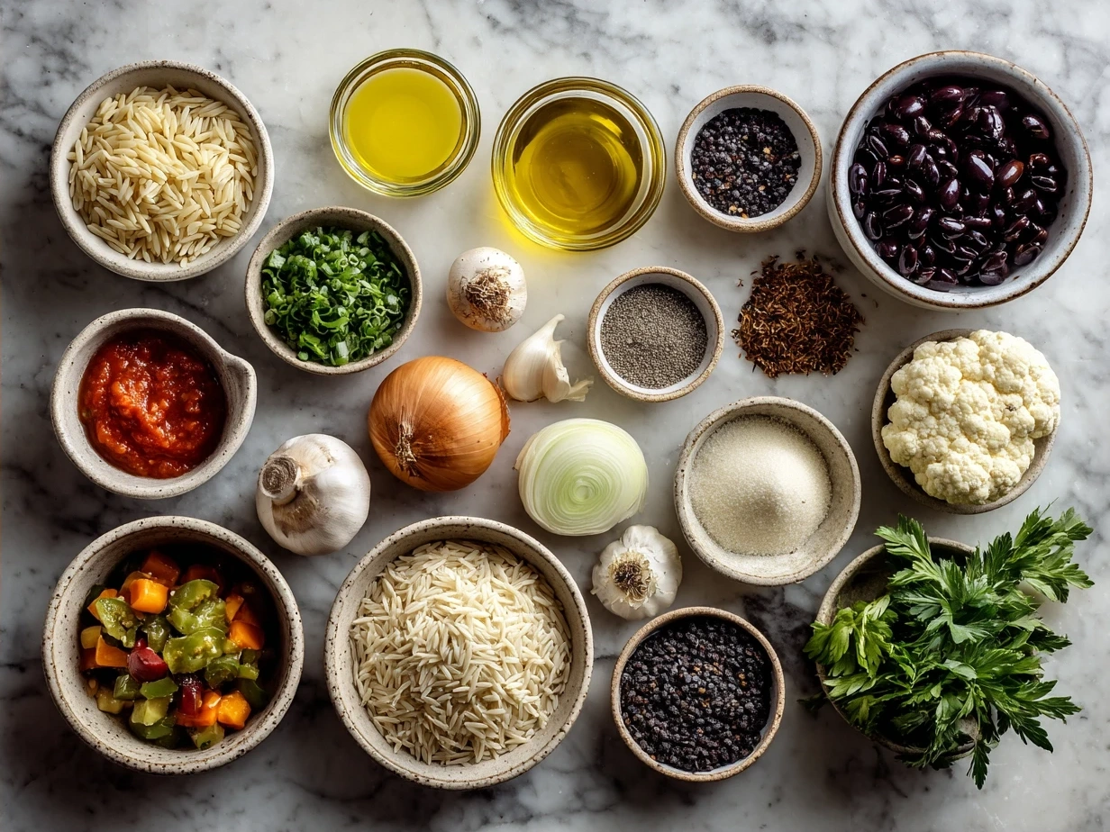 Ingredients for One-Pot Veggie Cream Orzo laid out on a kitchen counter showing orzo pasta, fresh vegetables, cream cheese, and broth
