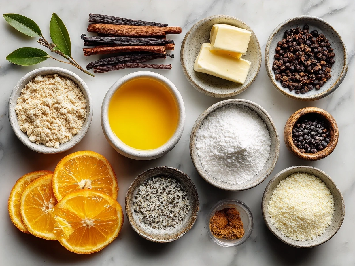 Ingredients for Orange Clove Cookies including flour, sugar, butter and spices