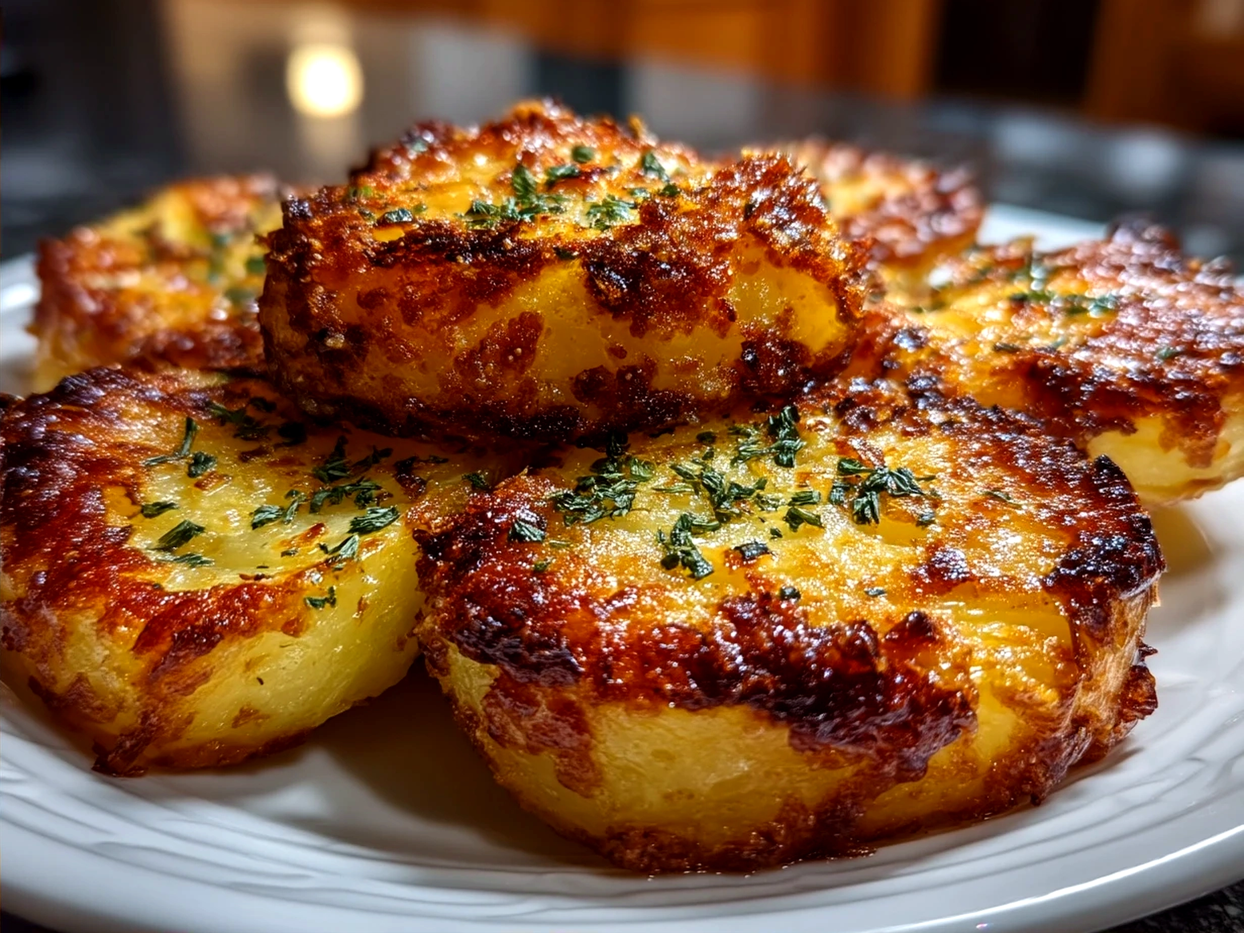 Serving plate of Oven-Crisped Parmesan Potatoes garnished with fresh parsley