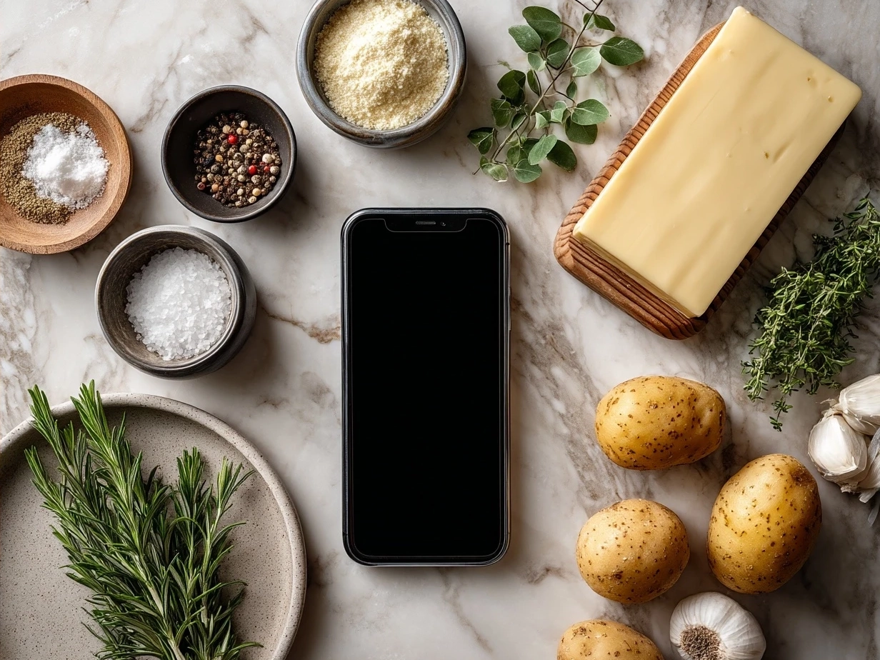 Ingredients for Oven-Crisped Parmesan Potatoes laid out on a wooden surface