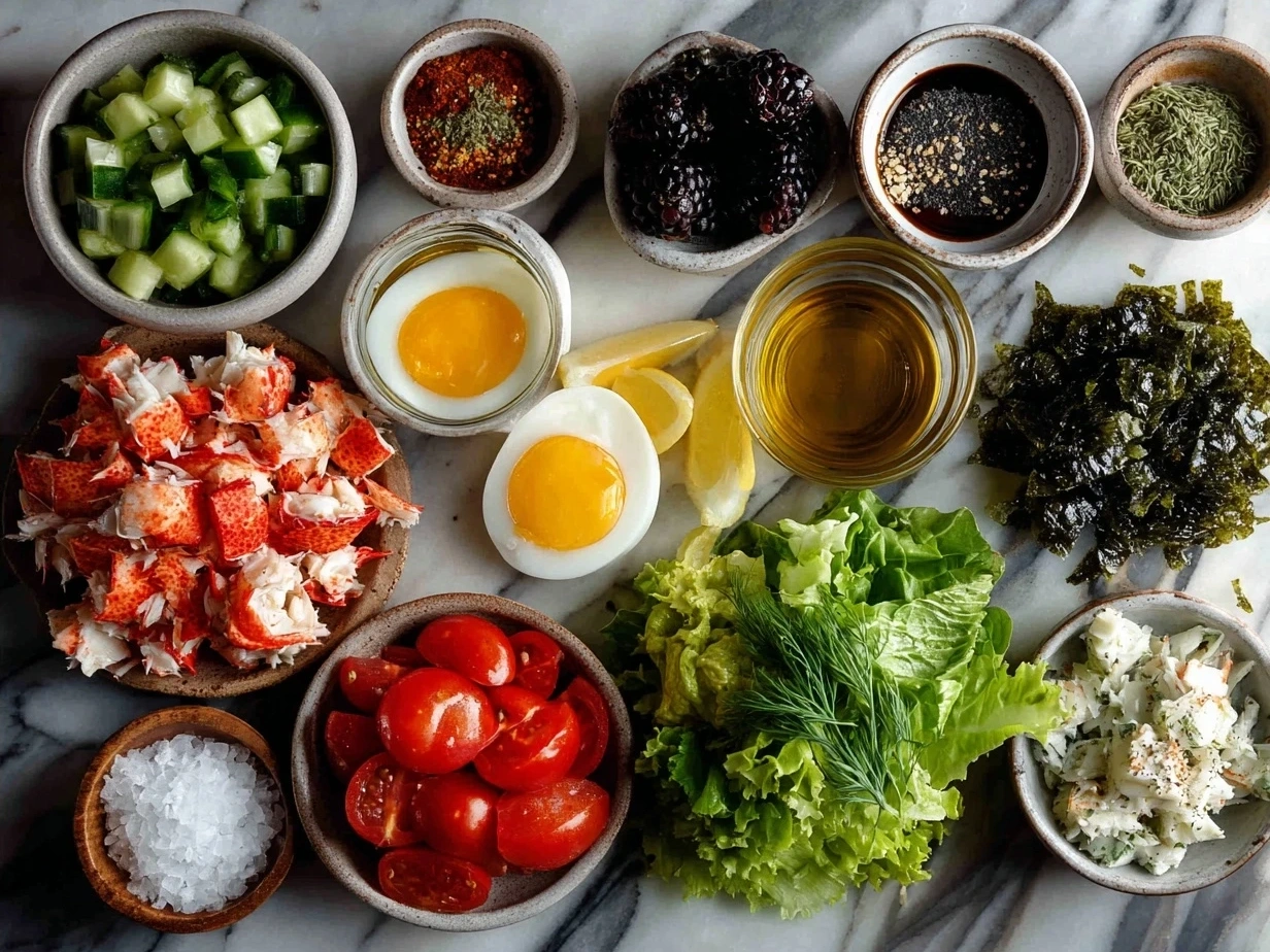 Ingredients for Paleo Crab Louie salad including crab meat, mixed greens, cucumber, celery, cherry tomatoes, eggs, avocado, and green onions