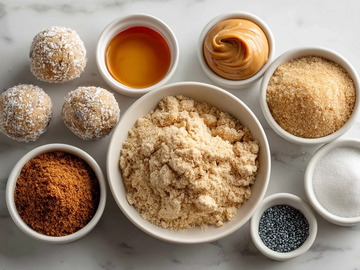 Ingredients for Peanut Butter Cookie Bites including peanut butter, powdered sugar, oats and chocolate chips