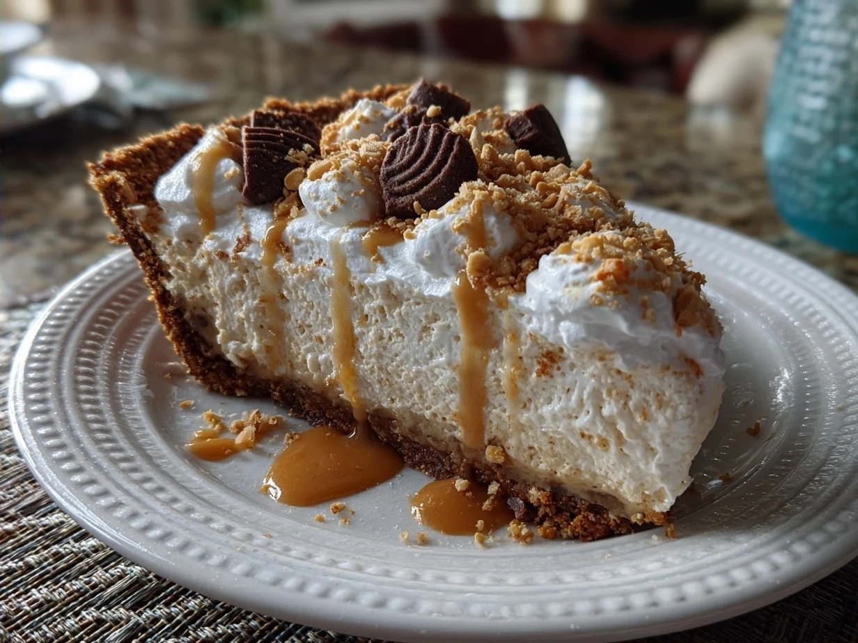 Delicious slice of Peanut Butter Pie served on a plate with whipped topping and chopped peanuts