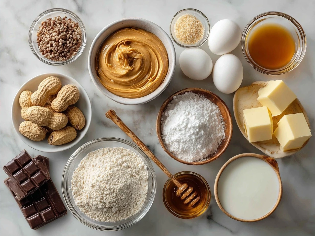 Ingredients laid out for making Peanut Butter Pie including graham crackers, peanut butter, cream cheese, and whipped topping