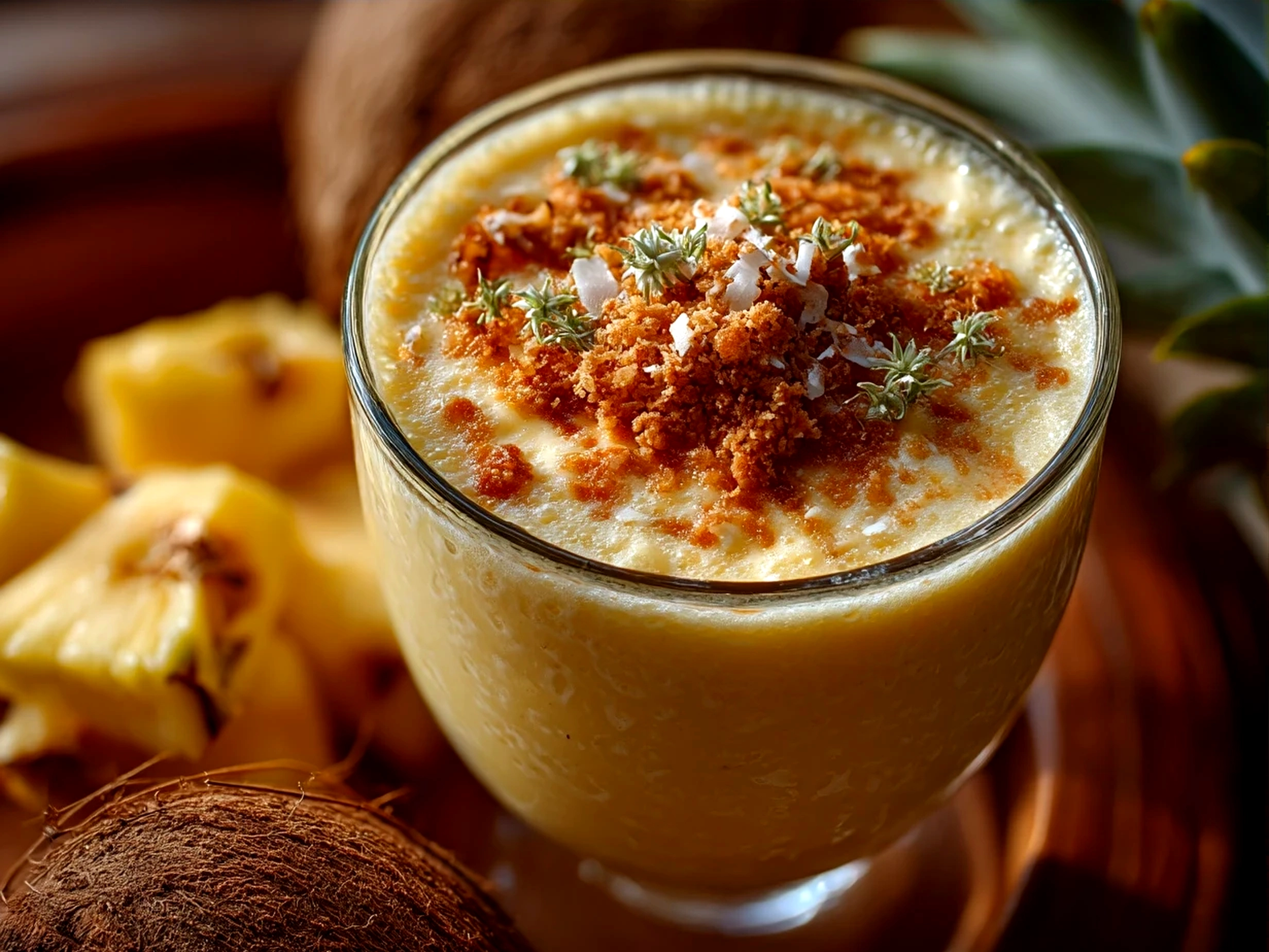 Pineapple Coconut Smoothie served in a tall glass with fresh pineapple garnish