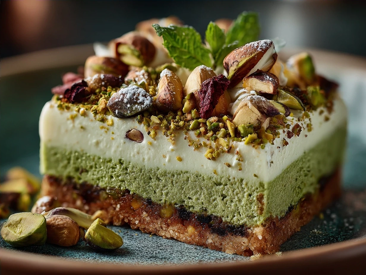 Served Pistachio Lush Dessert topped with chopped pistachios in a dessert bowl ready to enjoy