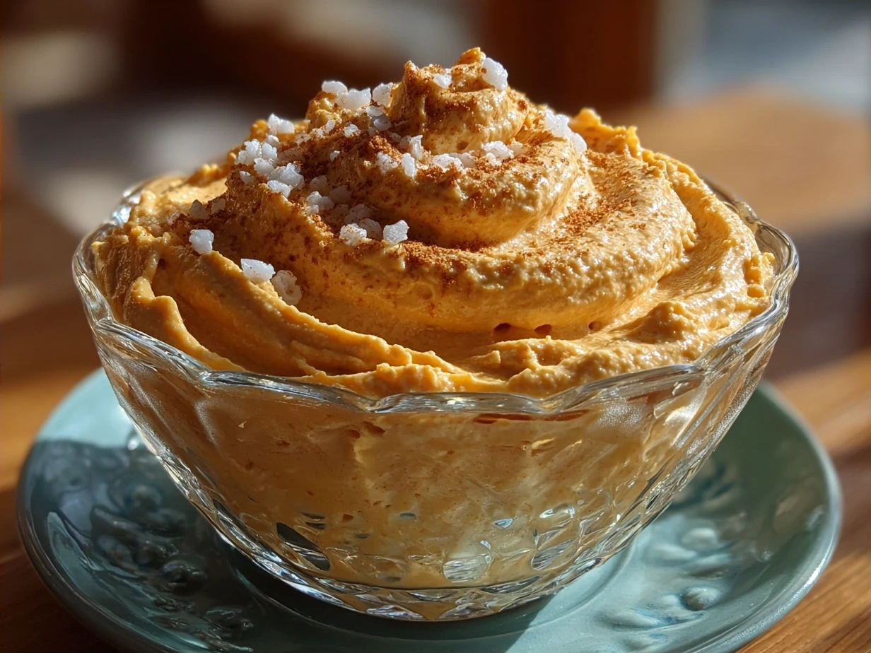Final serving of Pumpkin Fluff dessert in a bowl with graham crackers and autumn decorations