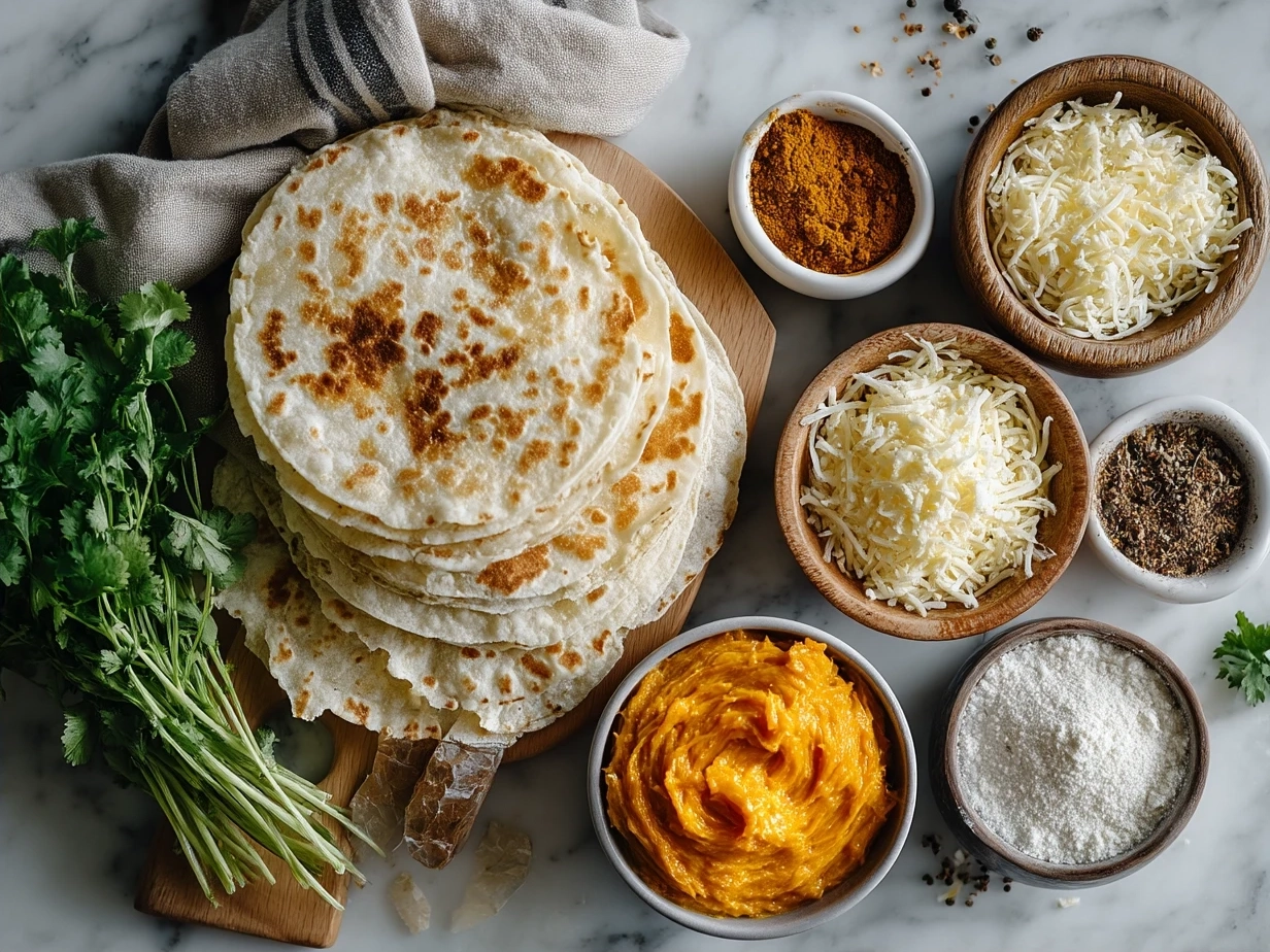 Ingredients for Pumpkin Quesadillas including roasted pumpkin, tortillas, cheese, and spices