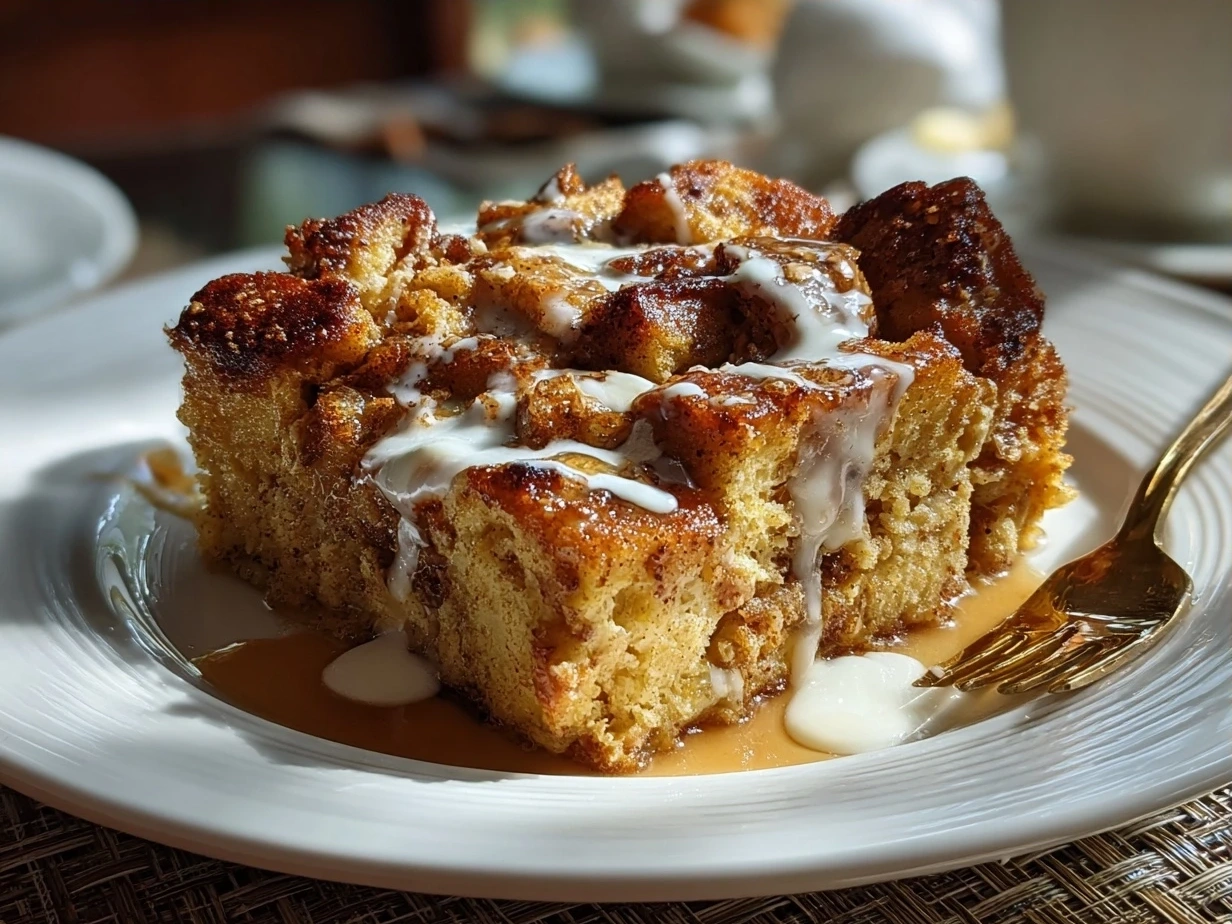 Final baked Pumpkin Spice French Toast Casserole served warm
