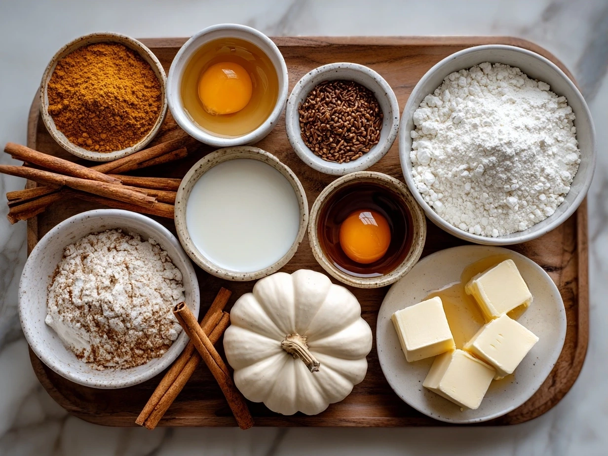 Ingredients for Pumpkin Spice French Toast Casserole laid out on a table