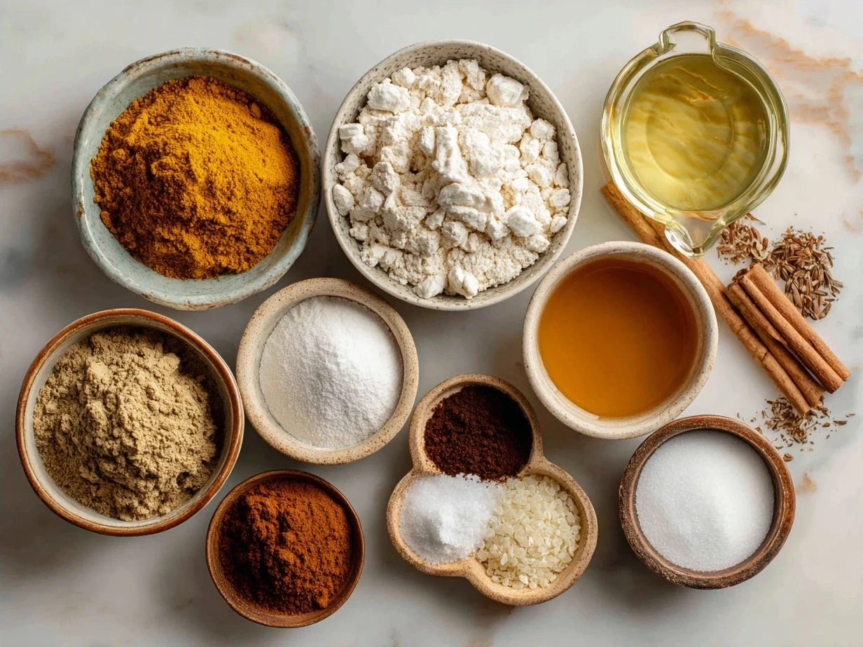Ingredients for Pumpkin Spice Pancakes including flour, spices, pumpkin puree, and eggs