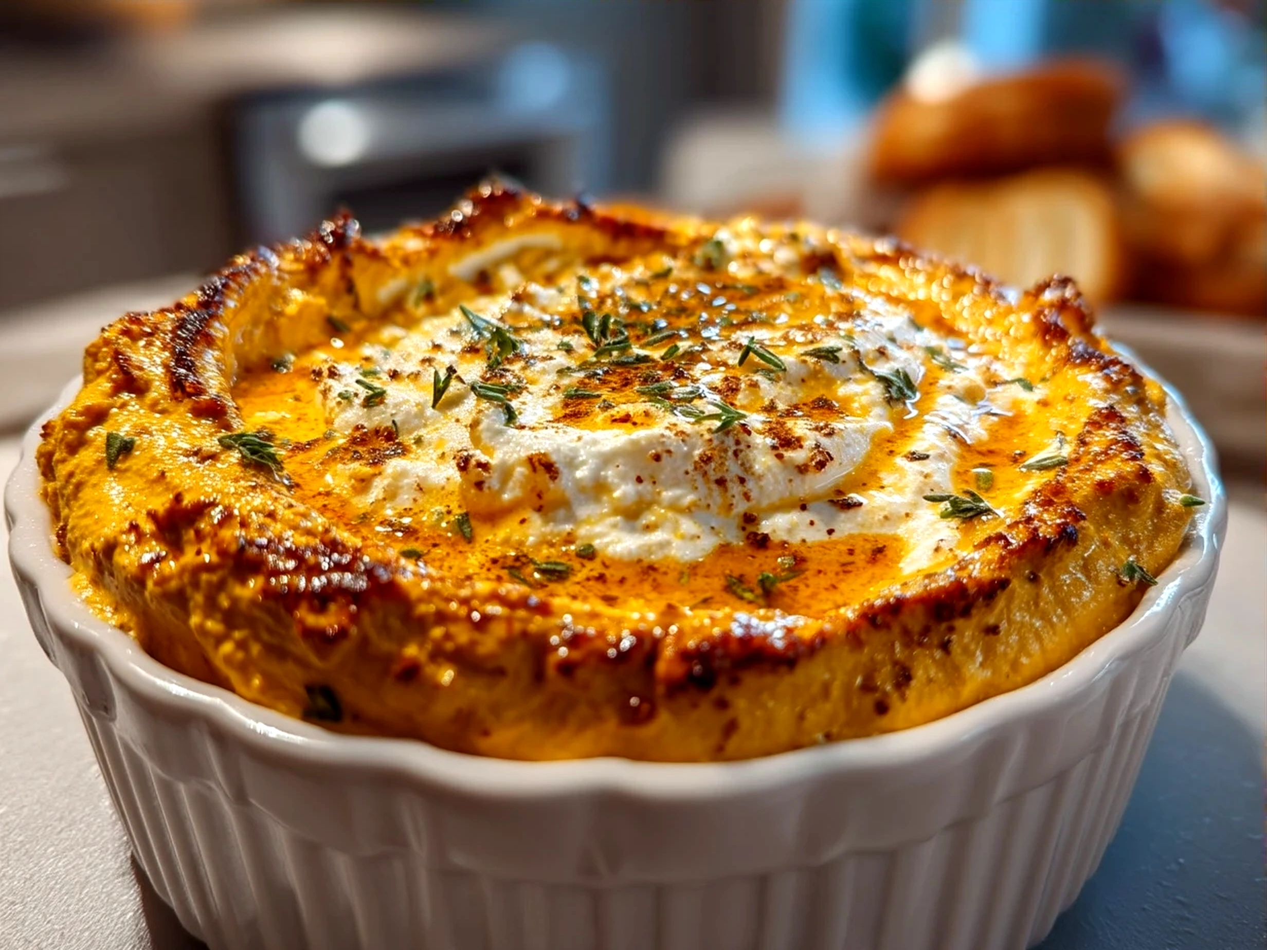A bowl of Pumpkin Whipped Feta Dip surrounded by crackers, apple slices, and celery sticks
