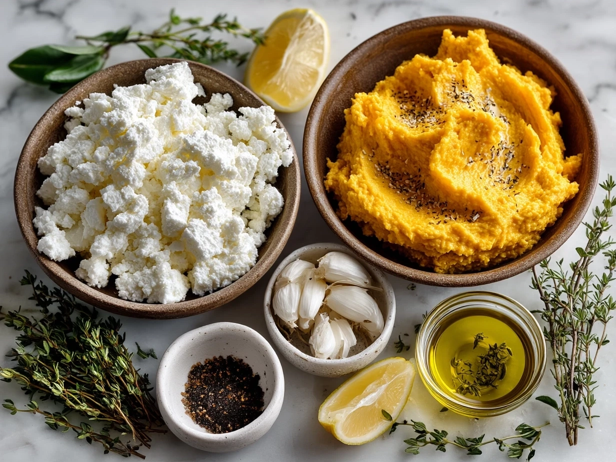 Ingredients for Pumpkin Whipped Feta Dip on a wooden table