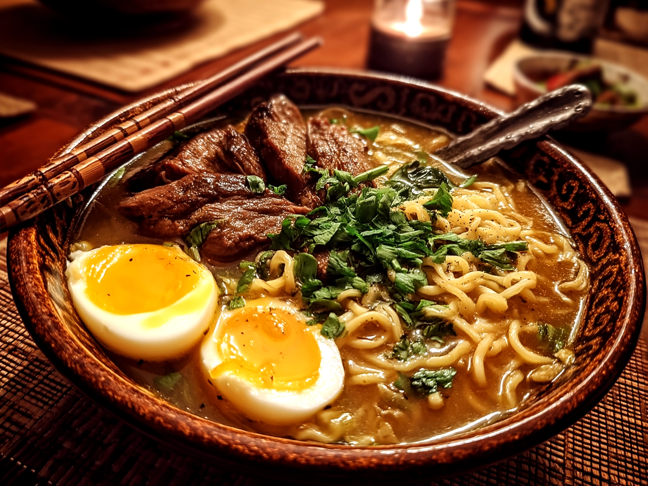 A bowl of ramen noodle soup with toppings ready to serve
