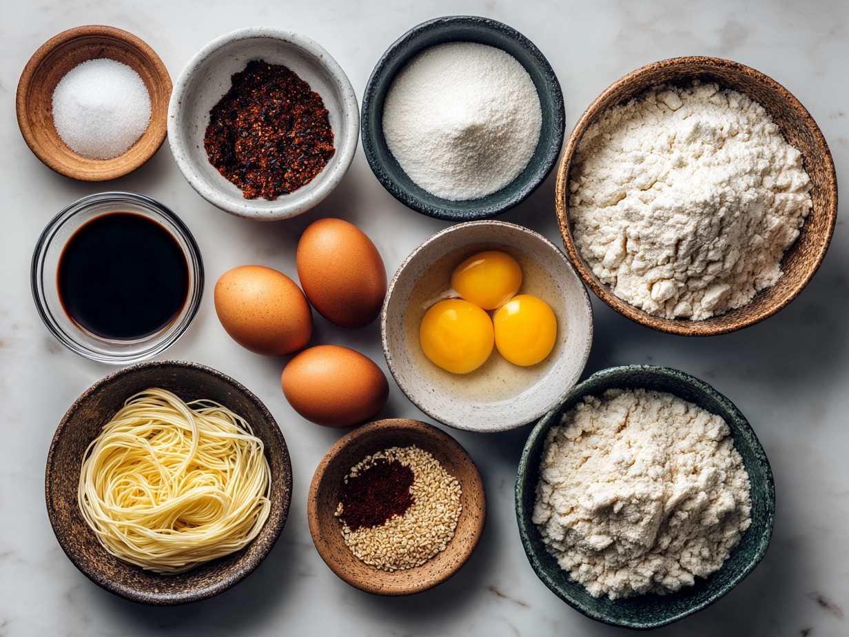 Ingredients laid out for ramen noodle soup