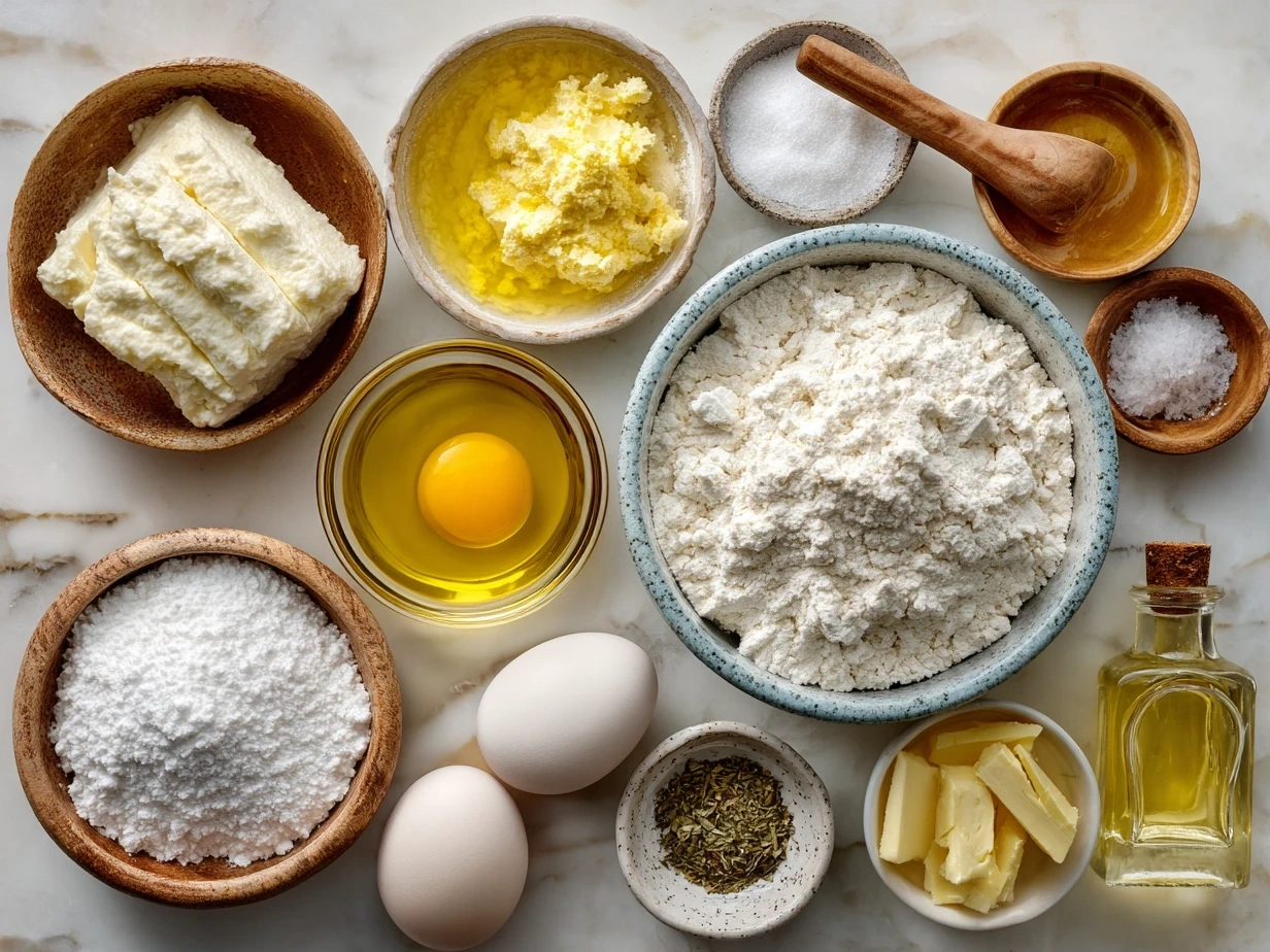 Ingredients for Juicy Pineapple Cake including flour, sugar, pineapple, eggs, and nuts