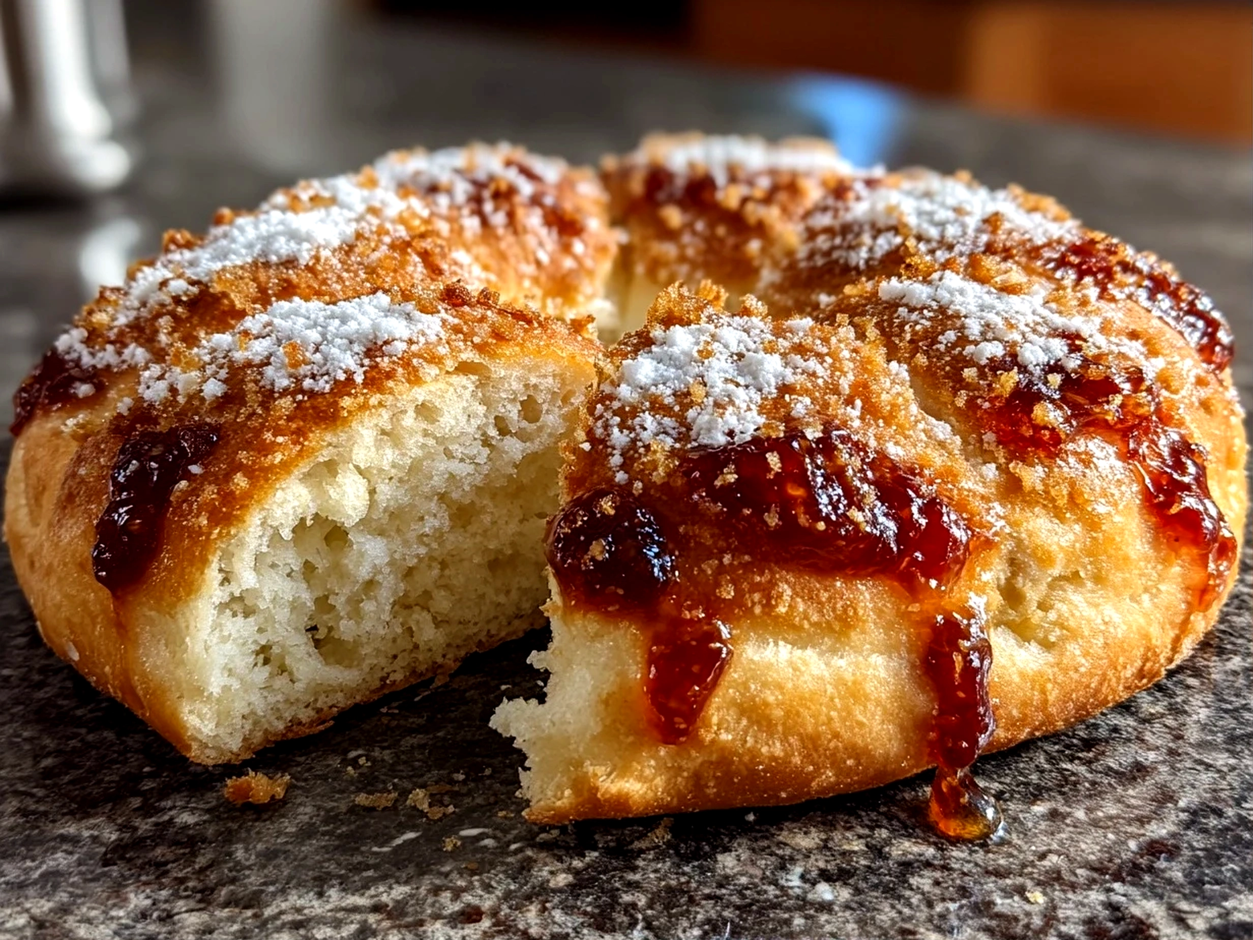Close-up of ready to eat jam donut focaccia showing golden crust and jam pockets