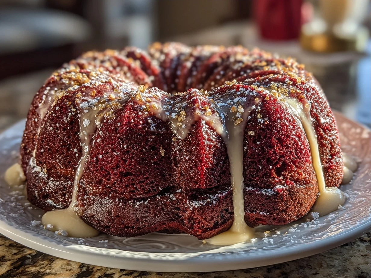 A sliced Red Velvet Cream Cheese Bundt Cake on a serving plate with a fork