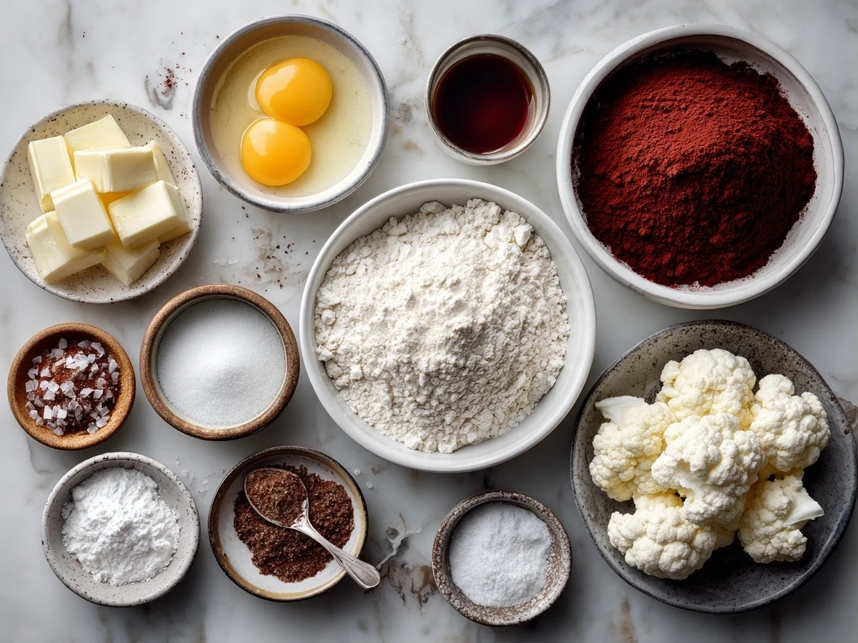 Ingredients laid out for Red Velvet Cream Cheese Bundt Cake including flour, sugar, eggs, cream cheese, cocoa powder, and food coloring