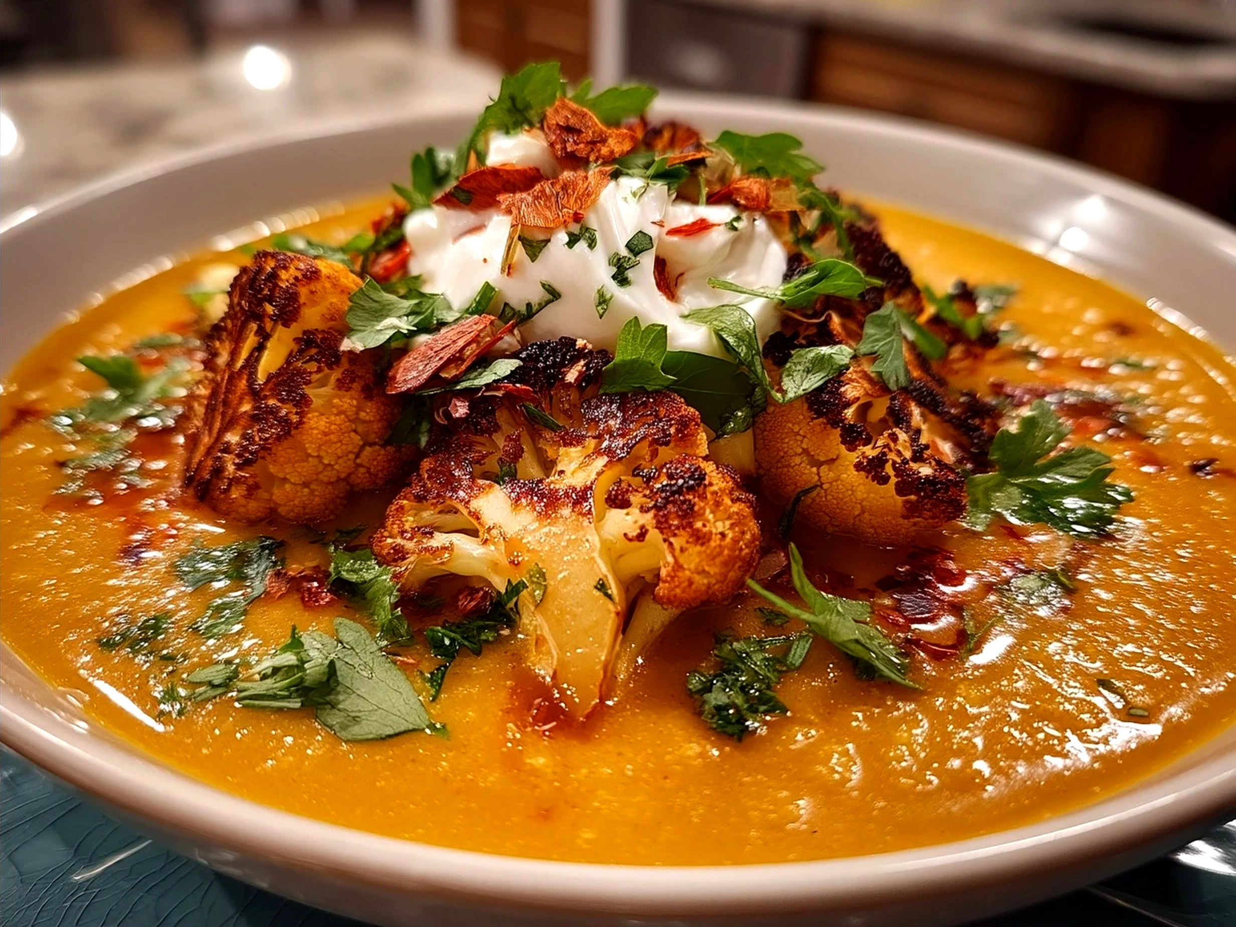 Serving Roasted Cauliflower Curry Soup with bread and cilantro