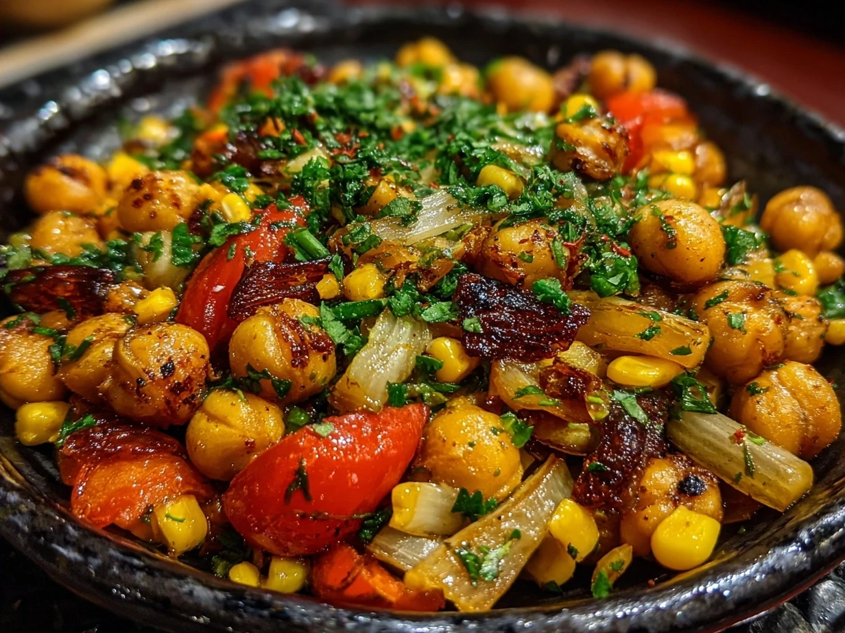 Final roasted chickpea corn mix served in a rustic bowl, ready to enjoy.