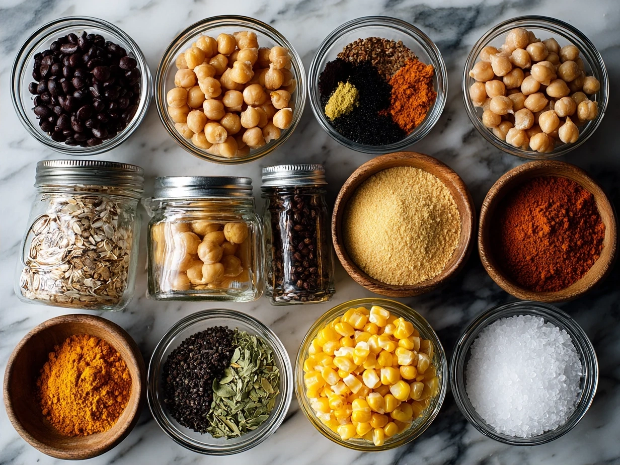 Ingredients for Roasted Chickpea Corn Mix laid out in bowls: canned chickpeas, dried corn kernels, spices, olive oil.