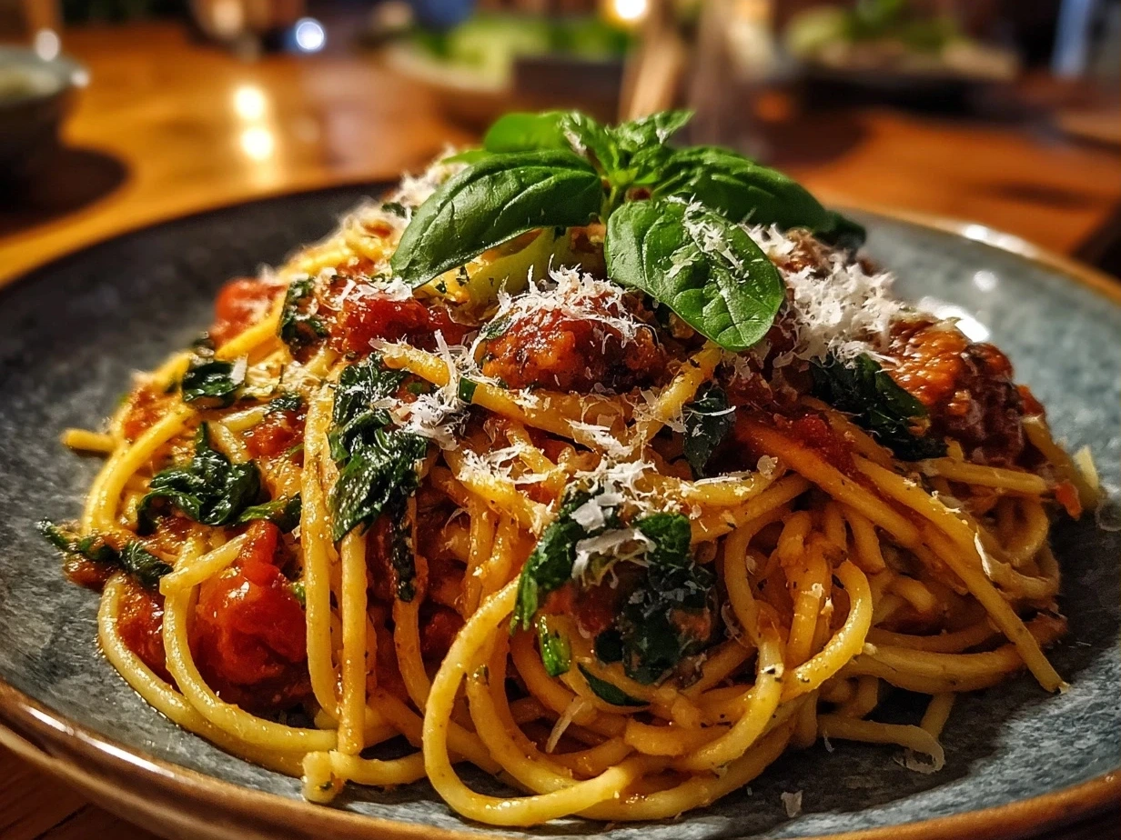 A serving of creamy Sausage and Courgette Pasta garnished with fresh herbs