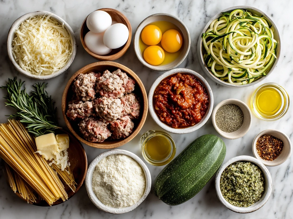 Ingredients laid out for Sausage and Courgette Pasta with pasta, sausage, courgettes, cream, Parmesan, garlic, and herbs