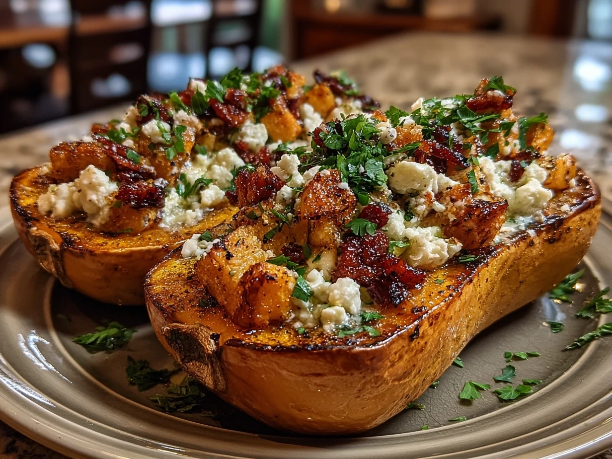 Finished Simanim Stuffed Butternut Squash dish garnished and ready to serve